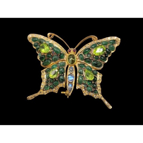 Diamond Emerald Peridot Gilded Brooch Pendant 585 Bail 24k Gold Plated Sterling - Picture 3 of 16